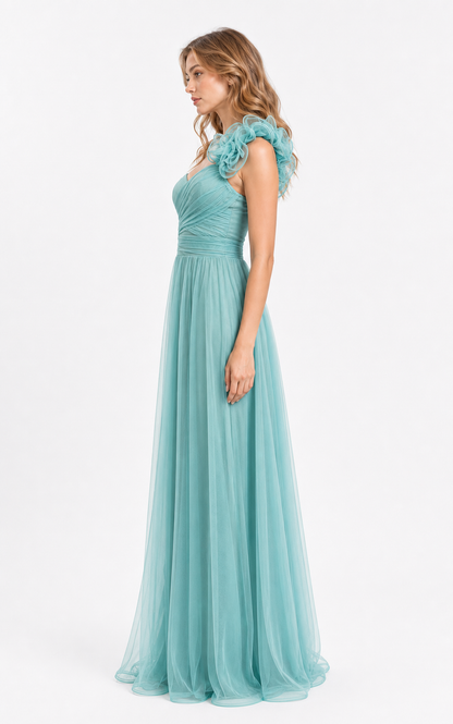 Vestido largo un hombro de tul con flor — Menta