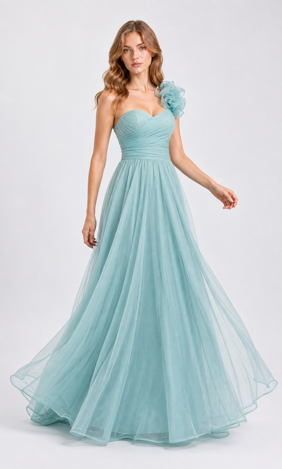 Vestido largo un hombro de tul con flor — Menta