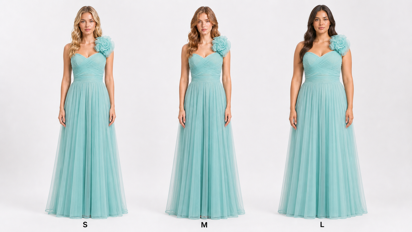 Vestido largo un hombro de tul con flor — Menta