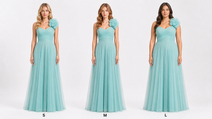 Vestido largo un hombro de tul con flor — Menta