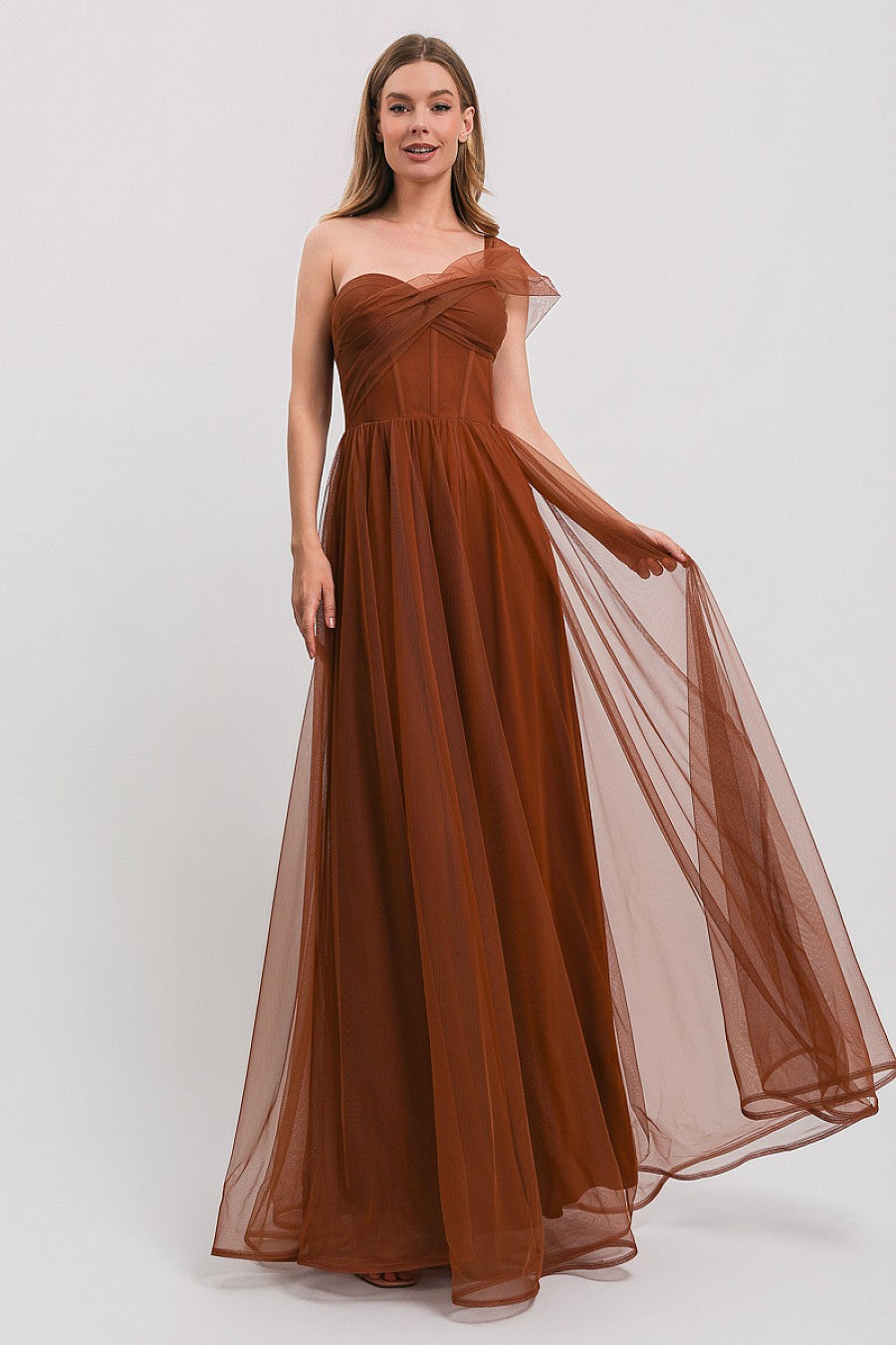 Vestido largo de un hombro con amarre en la espalda — Naranja quemado