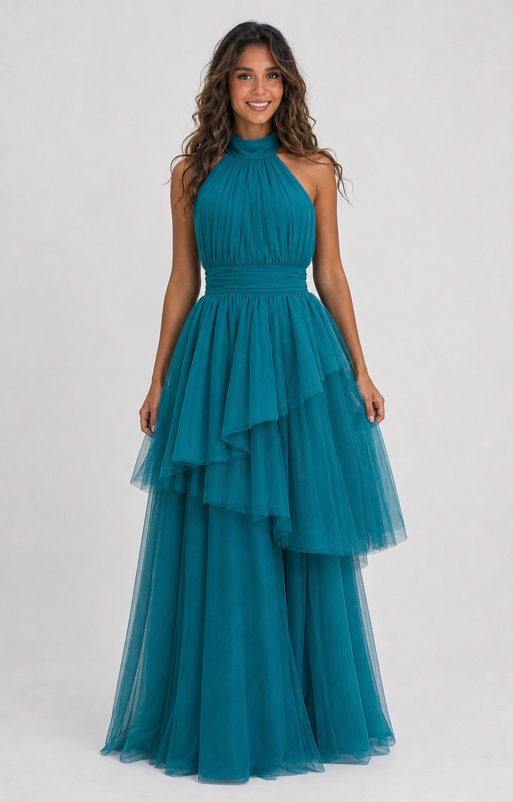 Vestido largo de tul halter con peplum escalonado — Teal