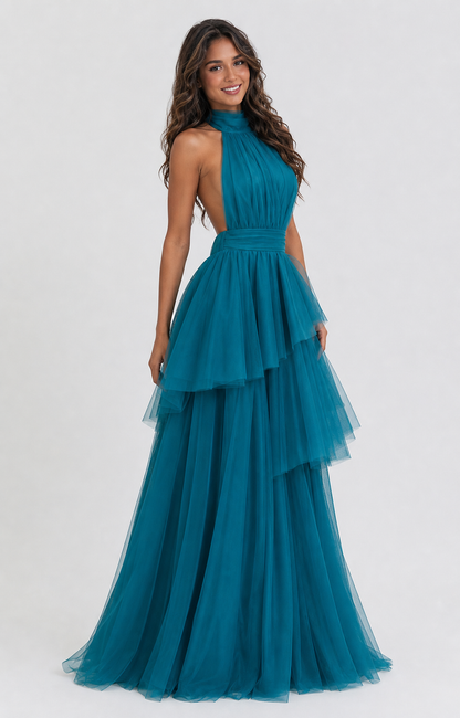 Vestido largo de tul halter con peplum escalonado — Teal