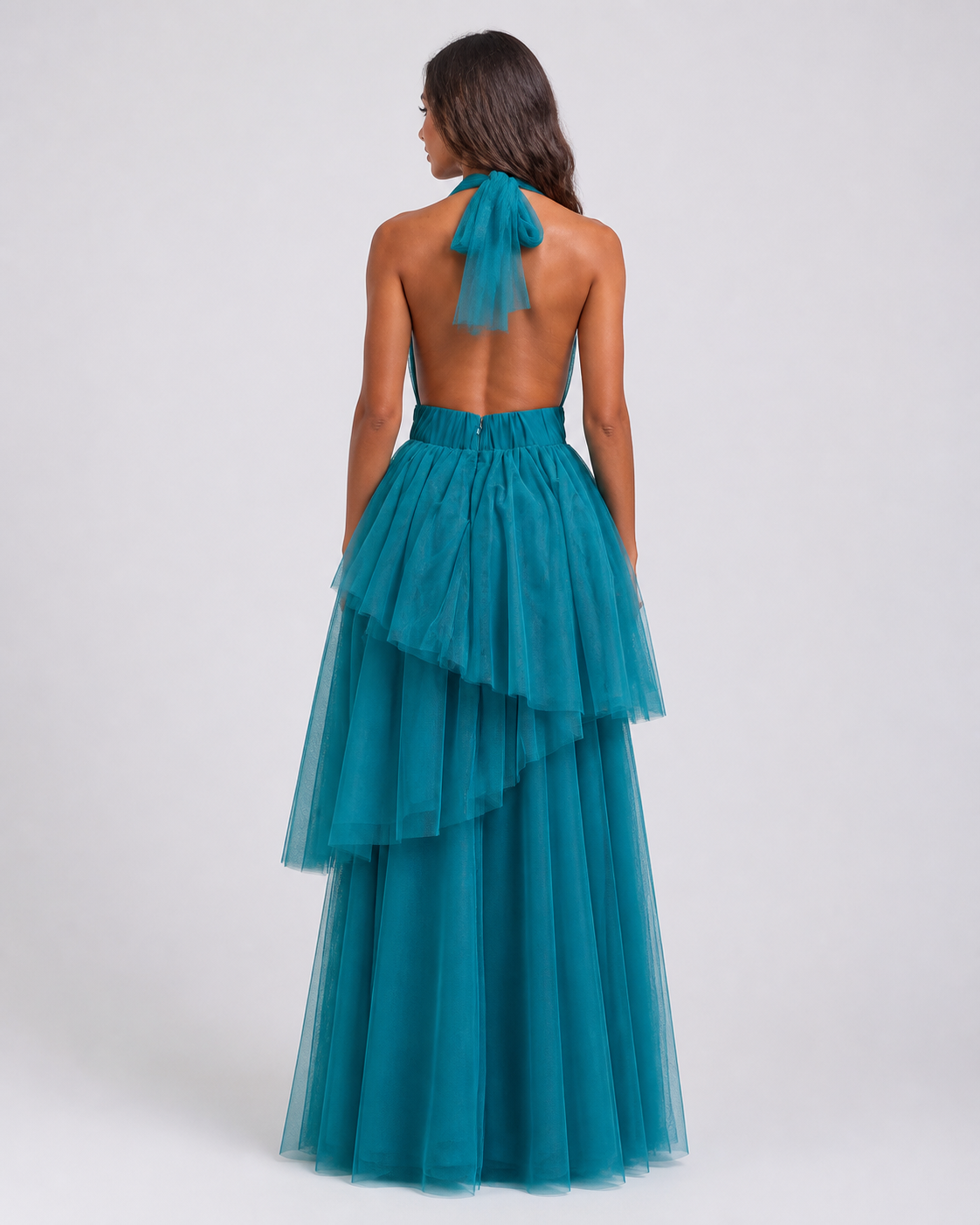Vestido largo de tul halter con peplum escalonado — Teal