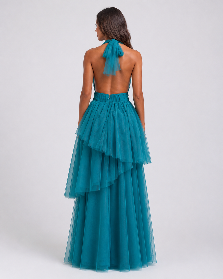 Pink Shop by MAF Vestido largo de tul halter con peplum escalonado teal, espalda