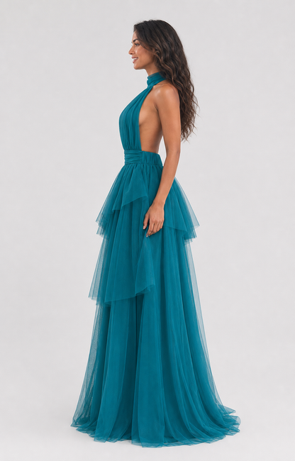 Vestido largo de tul halter con peplum escalonado — Teal