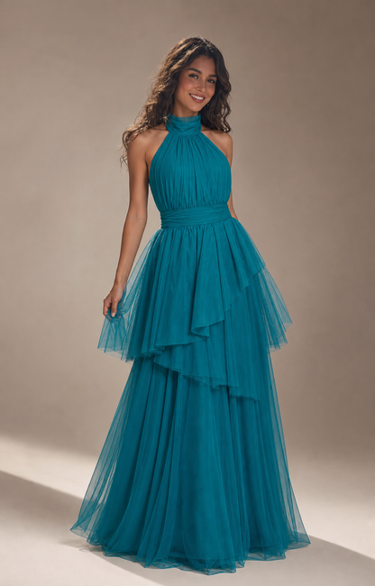 Vestido largo de tul halter con peplum escalonado — Teal