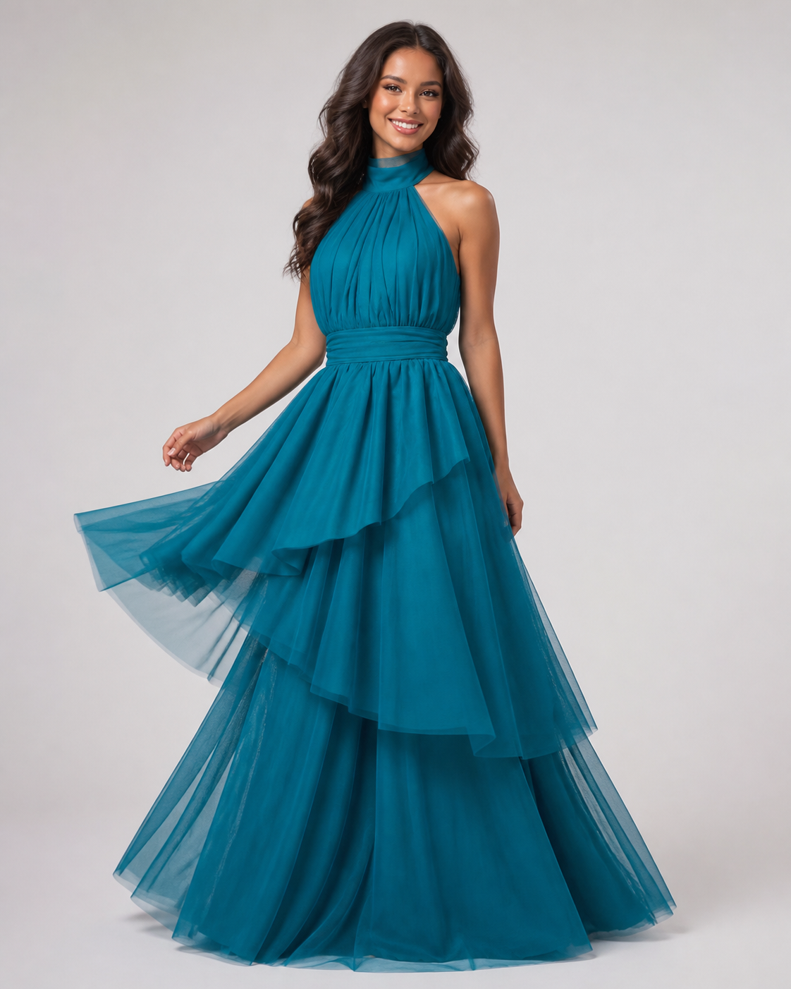 Vestido largo de tul halter con peplum escalonado — Teal