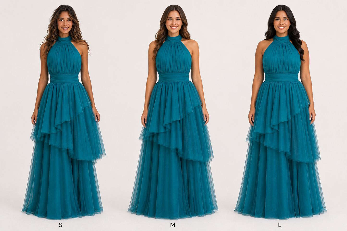 Vestido largo de tul halter con peplum escalonado — Teal