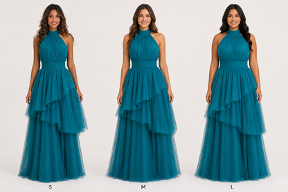 Vestido largo de tul halter con peplum escalonado — Teal