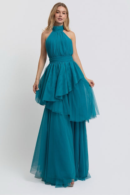 Vestido largo tul teal halter peplum — frente