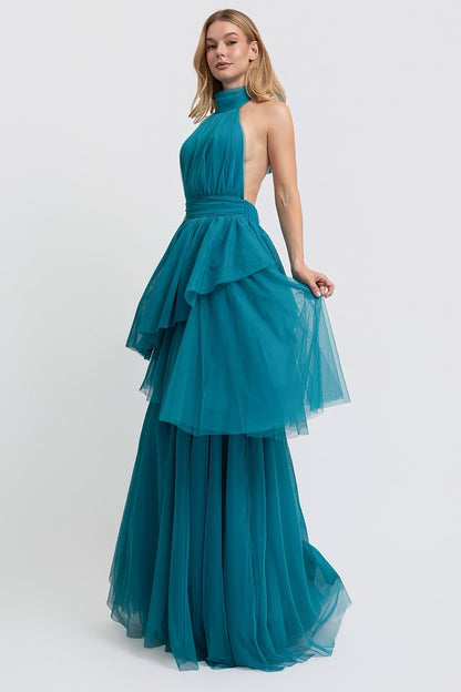 Vestido largo tul teal halter peplum — detalle