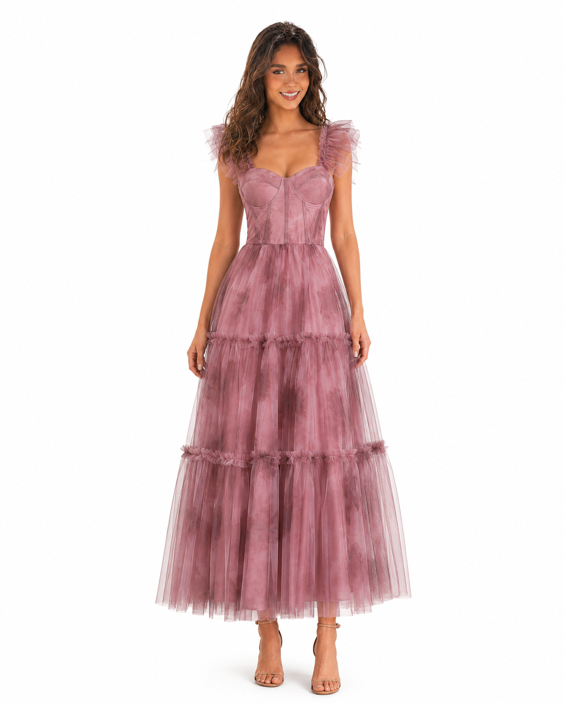 Vestido midi de tul floral con corset y olanes — Mauve