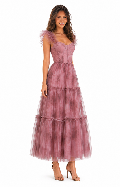 Vestido midi de tul floral con corset y olanes — Mauve