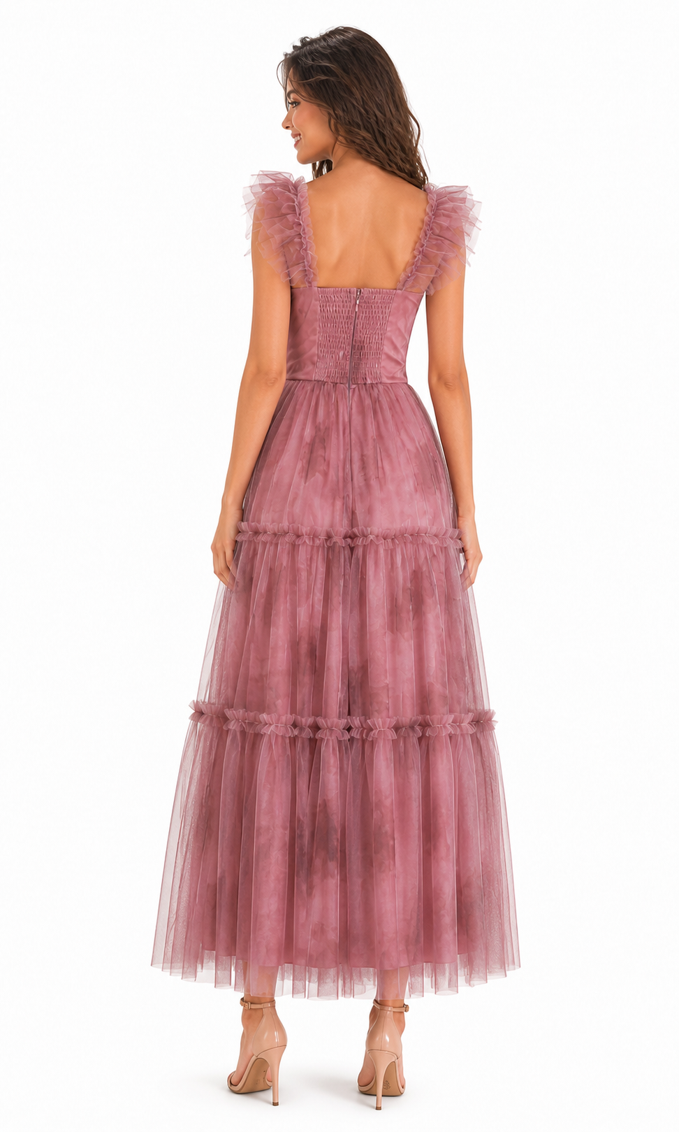 Vestido midi de tul floral con corset y olanes — Mauve