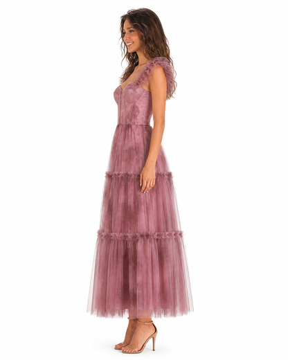 Vestido midi de tul floral con corset y olanes — Mauve