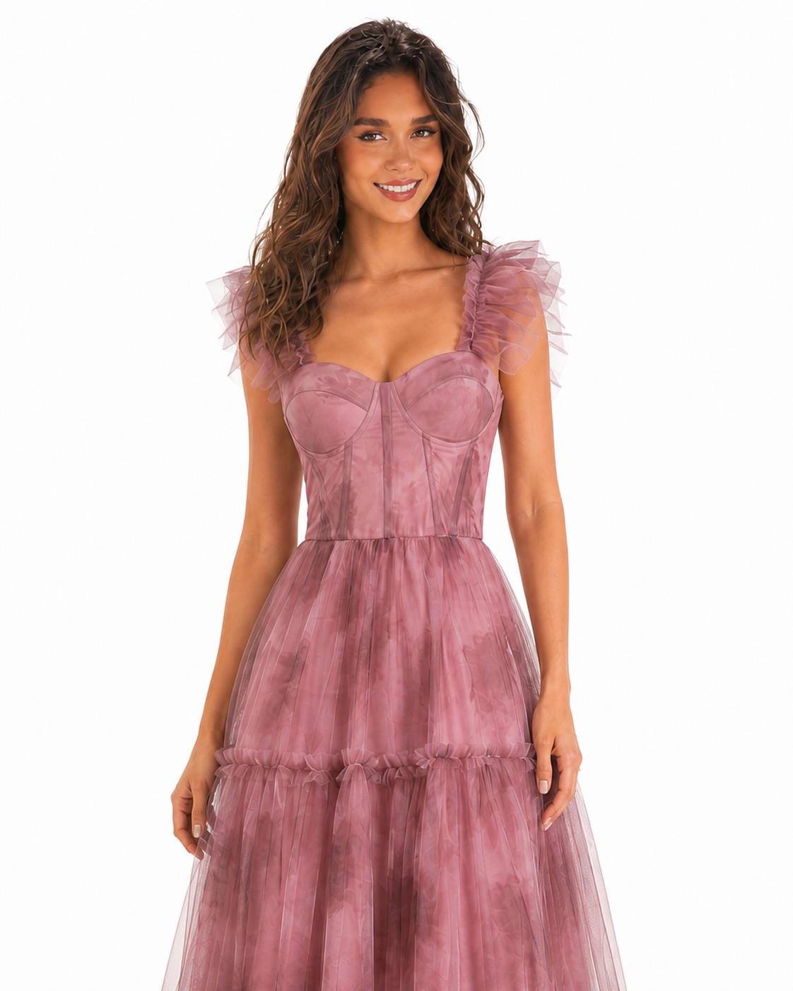 Vestido midi de tul floral con corset y olanes — Mauve