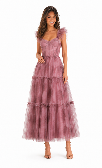 Vestido midi de tul floral con corset y olanes — Mauve