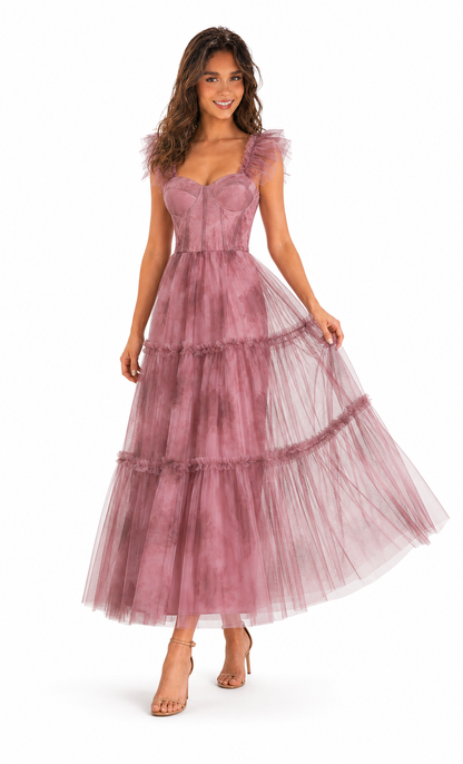 Vestido midi de tul floral con corset y olanes — Mauve