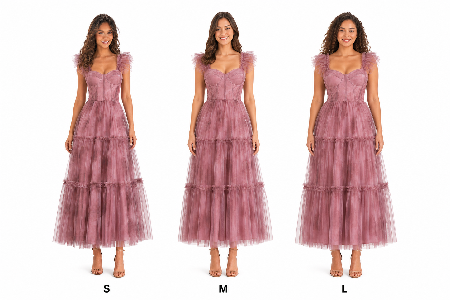 Vestido midi de tul floral con corset y olanes — Mauve