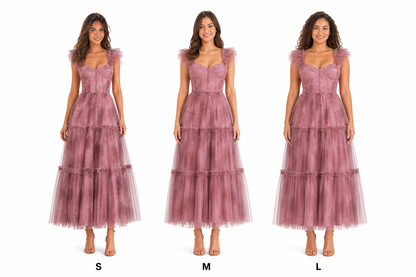 Vestido midi de tul floral con corset y olanes — Mauve