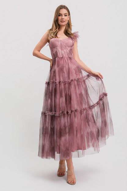 Vestido midi tul floral mauve corset — frente