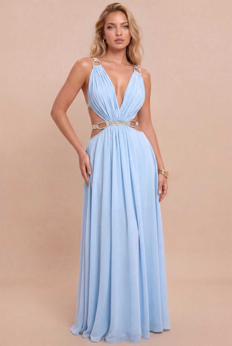 Vestido largo gasa azul cielo — frente