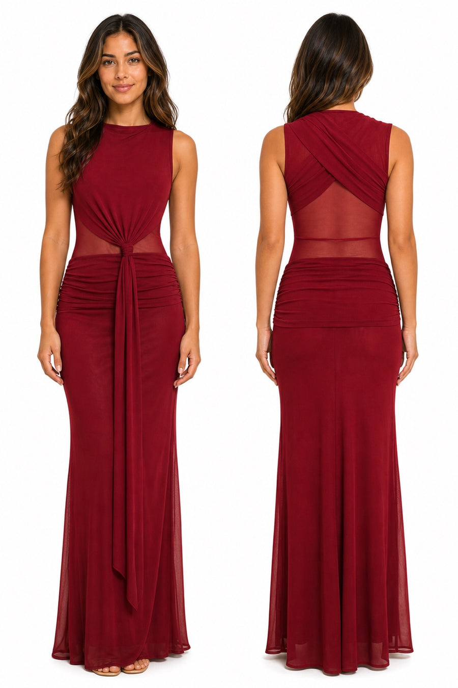 Vestido largo de mesh con drapeado y transparencia — Vino