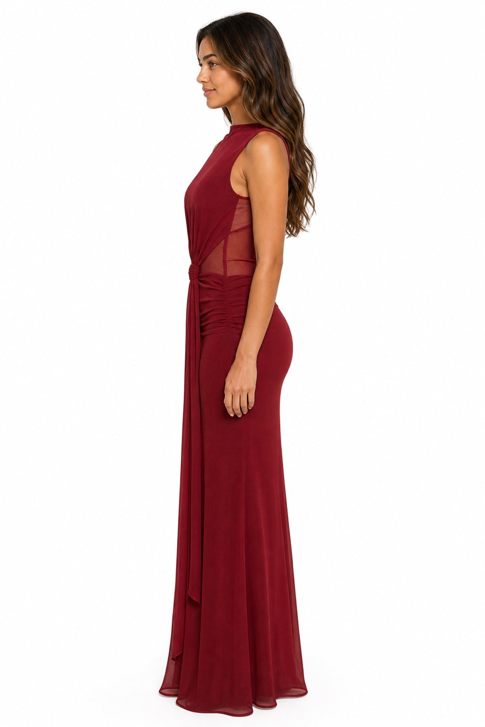 Vestido largo de mesh con drapeado y transparencia — Vino