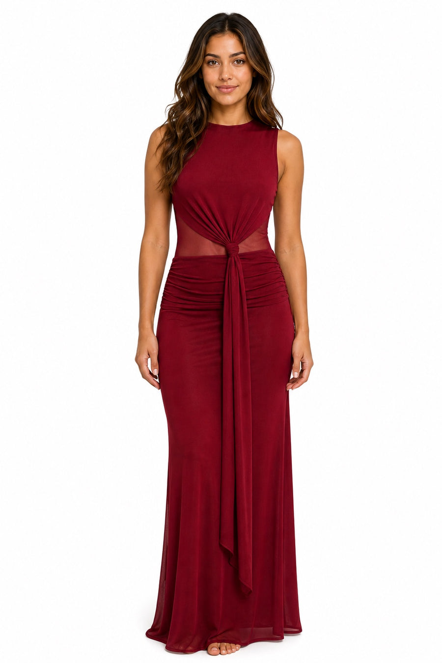 Vestido largo de mesh con drapeado y transparencia — Vino