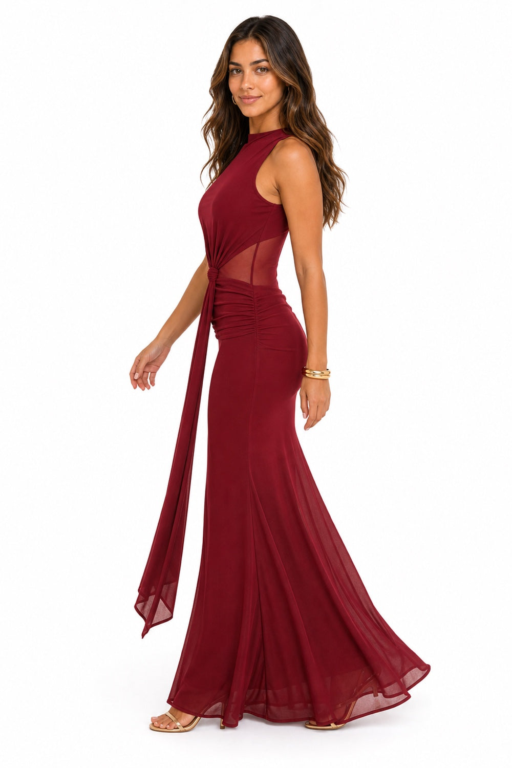 Vestido largo de mesh con drapeado y transparencia — Vino