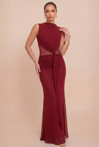 Vestido largo mesh vino drapeado — frente