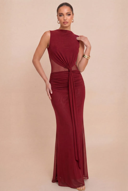Vestido largo mesh vino drapeado — frente