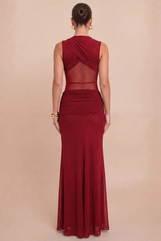 Vestido largo mesh vino drapeado — detalle