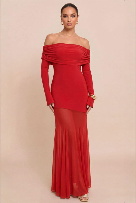 Vestido largo rojo off-shoulder — frente