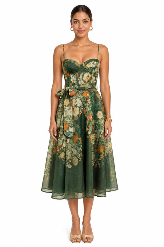 Vestido midi de organza floral con corset — Verde esmeralda