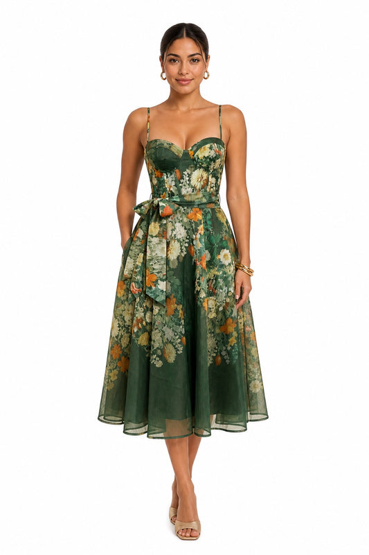 Vestido midi de organza floral con corset — Verde esmeralda