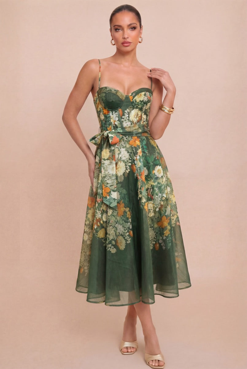 Vestido midi organza floral verde — frente