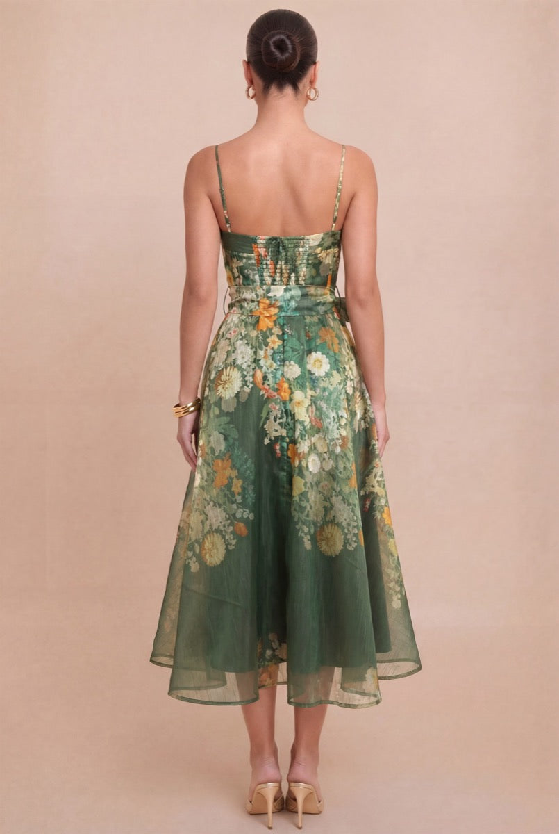 Vestido midi organza floral verde — detalle