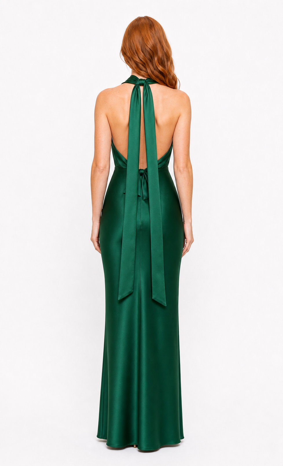 Vestido largo de satén cuello drapeado — Verde esmeralda