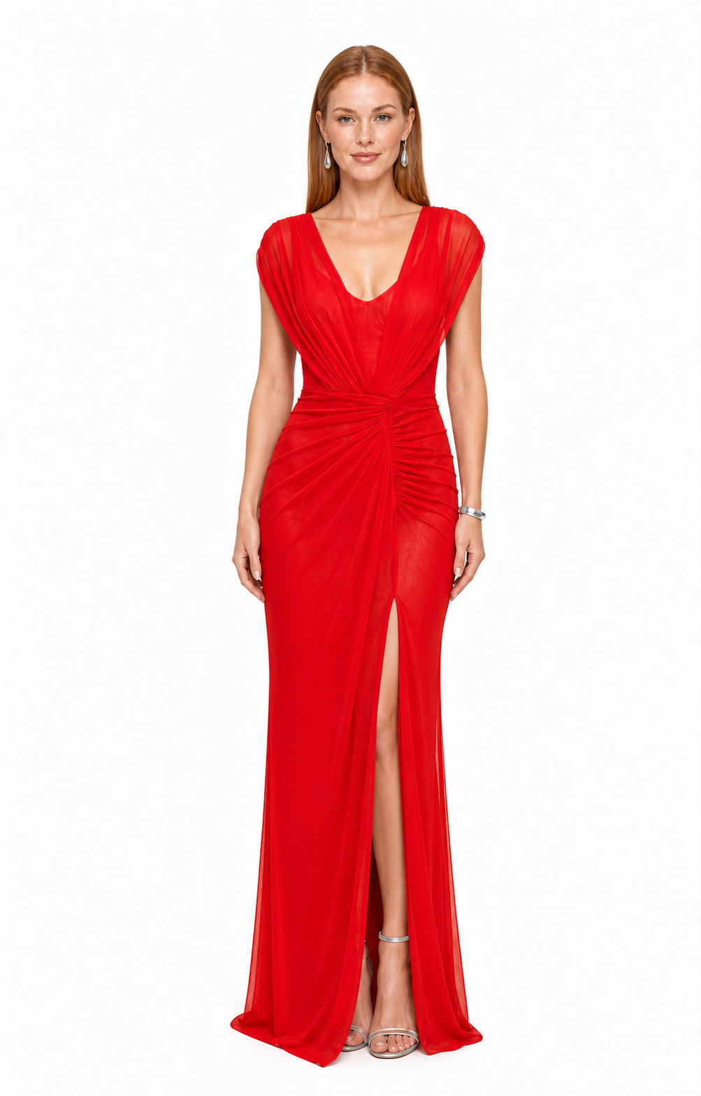 Vestido largo de mesh drapeado con abertura — Rojo