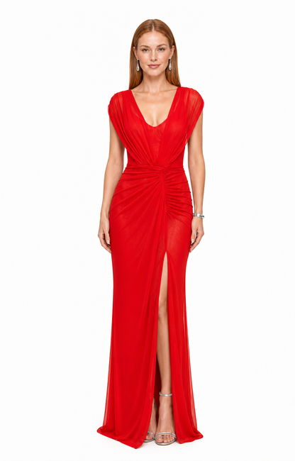 Vestido largo de mesh drapeado con abertura — Rojo