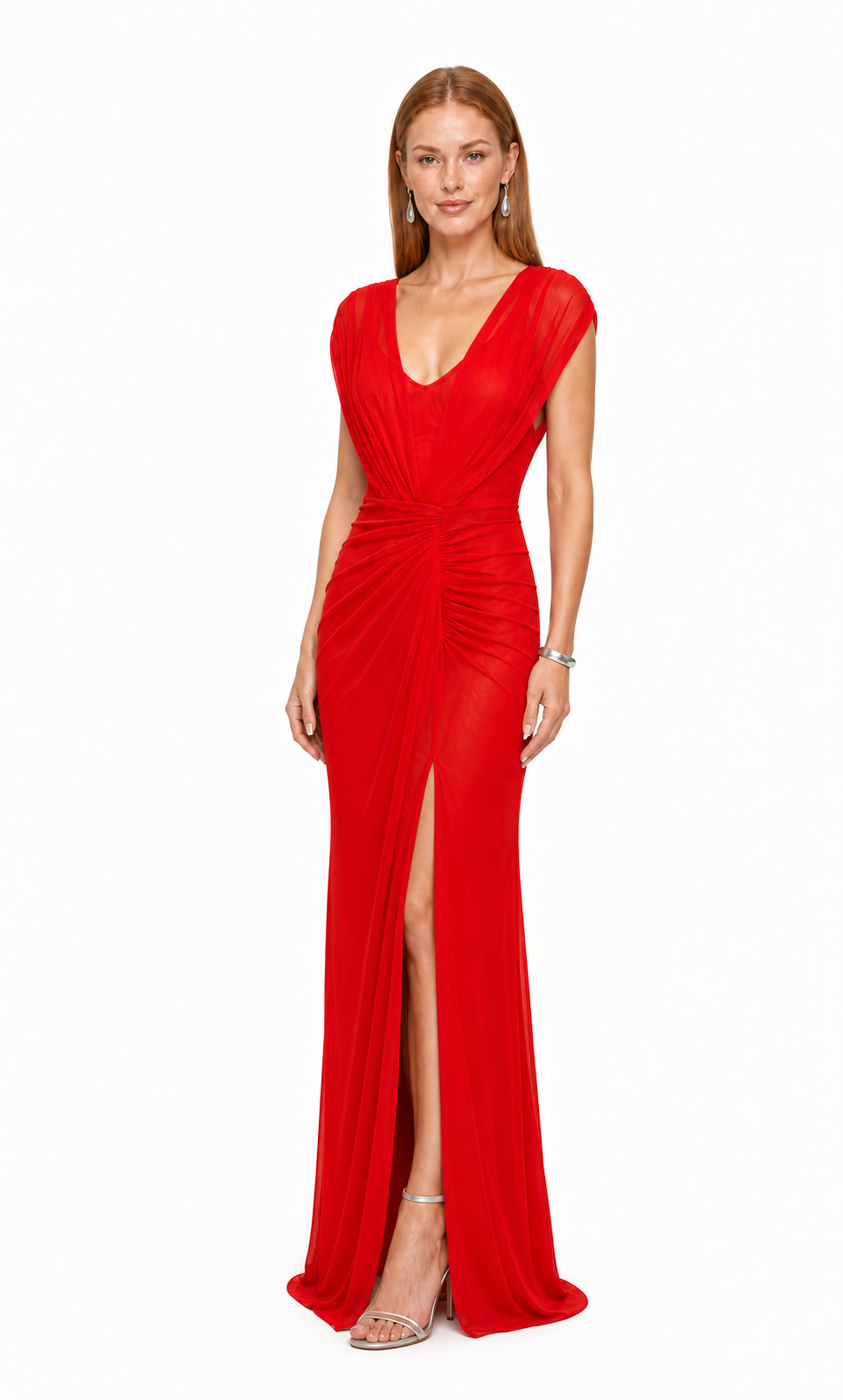 Vestido largo de mesh drapeado con abertura — Rojo