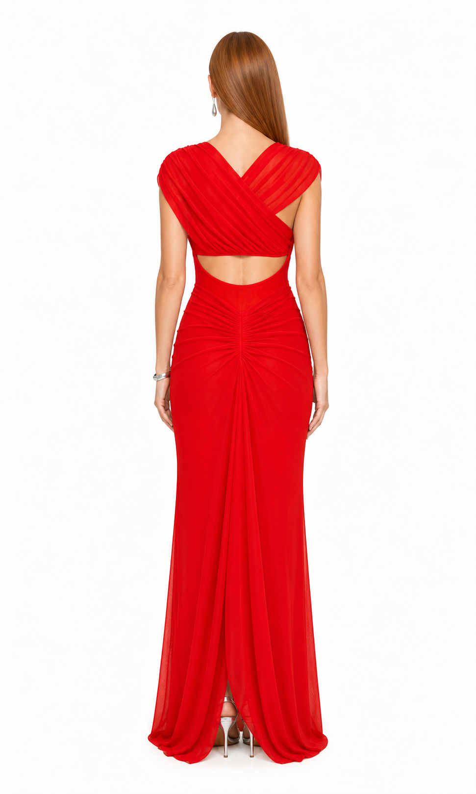 Vestido largo de mesh drapeado con abertura — Rojo