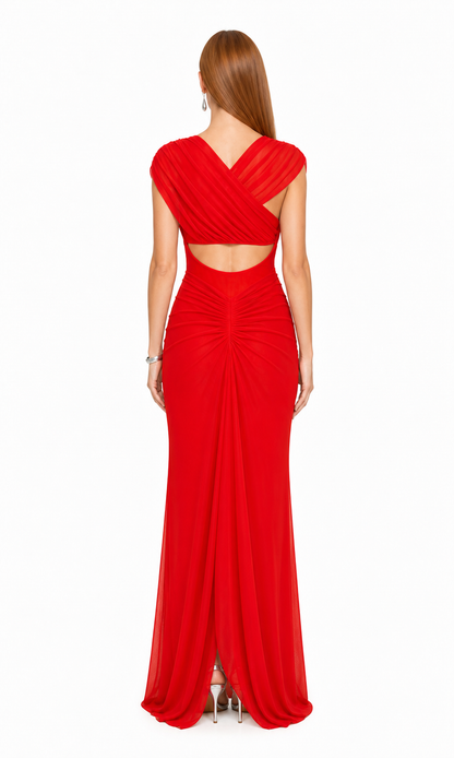 Vestido largo de mesh drapeado con abertura — Rojo