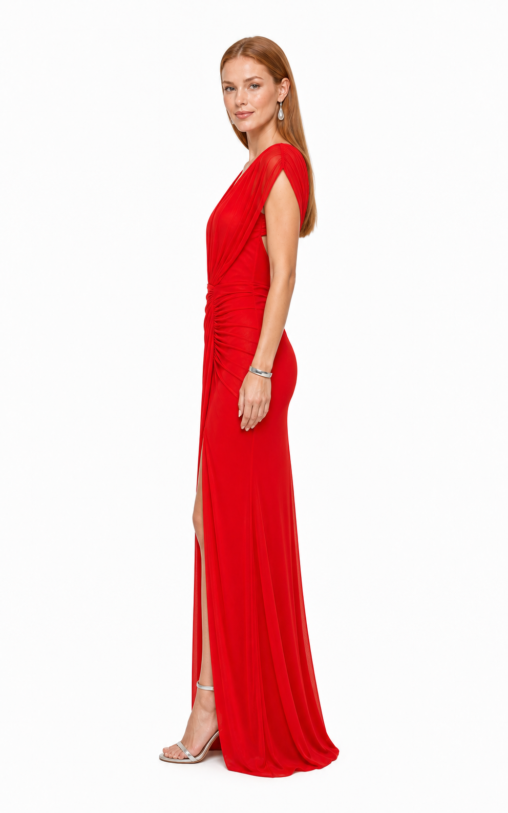 Vestido largo de mesh drapeado con abertura — Rojo