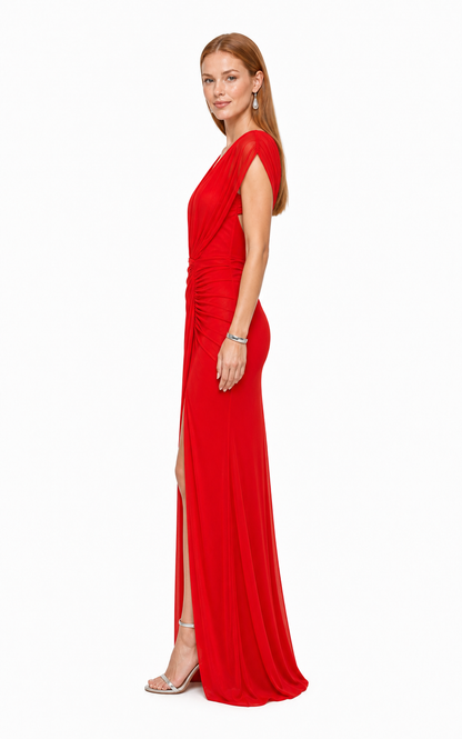 Vestido largo de mesh drapeado con abertura — Rojo