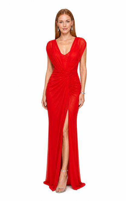 Vestido largo de mesh drapeado con abertura — Rojo