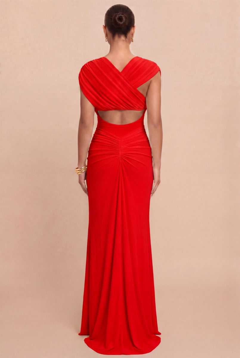 Vestido largo mesh rojo drapeado — detalle