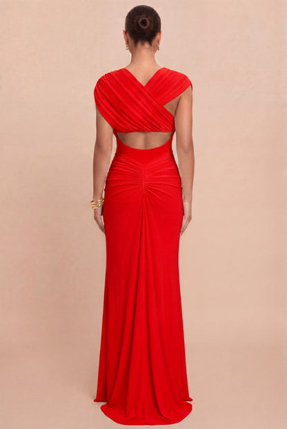 Vestido largo mesh rojo drapeado — detalle